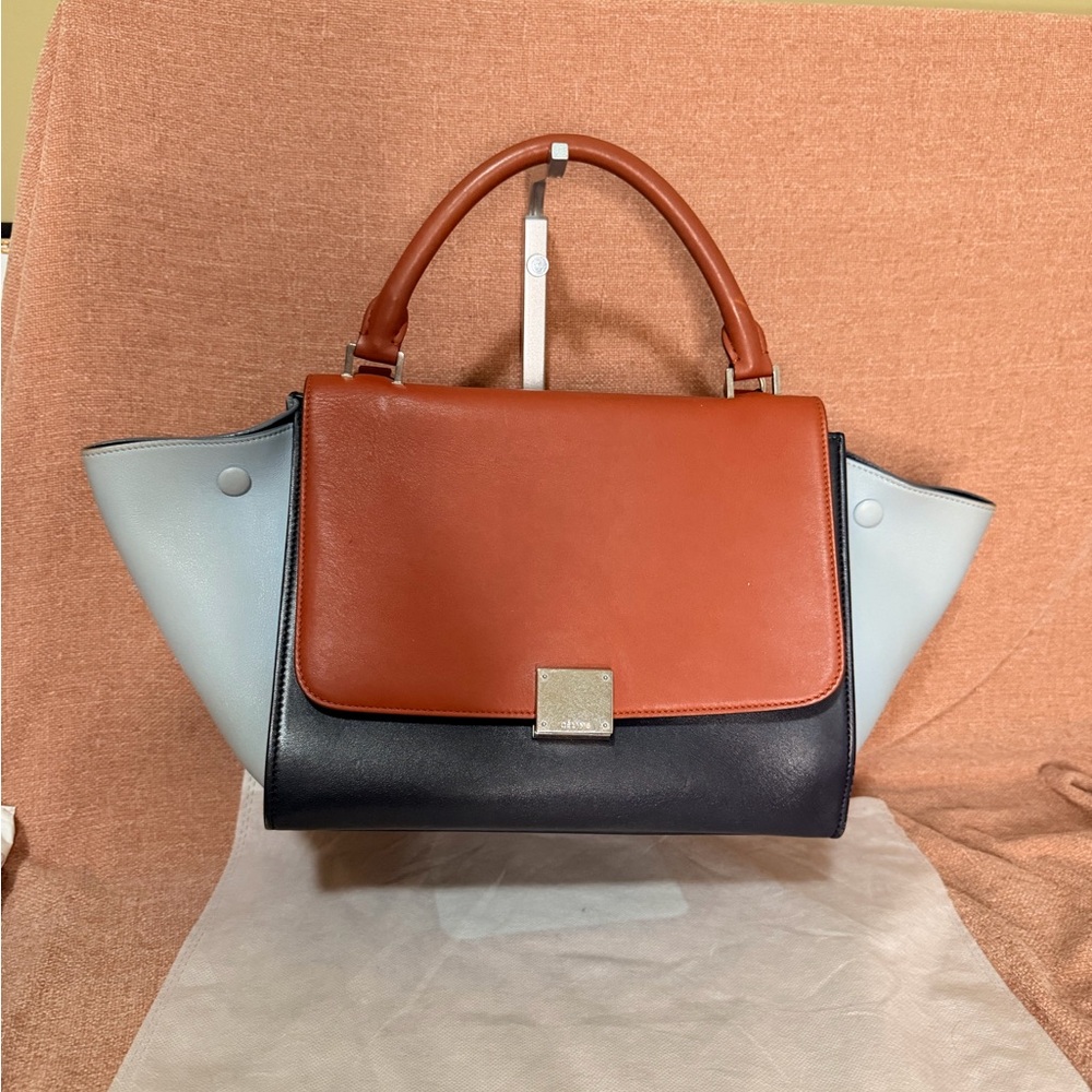 CELINE Trapeze Small Leather 2way Shoulder Bag Sky Blue& Navy & Brown - Picture 2 of 16